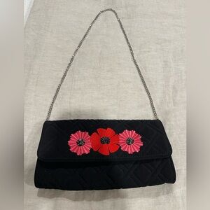 Vera Bradley Black Quilted, Embroidered & Beaded Flower Crossbody or Clutch Bag